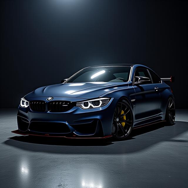 Aggressively styled BMW M4 Competition in a dark studio setting with custom wheels